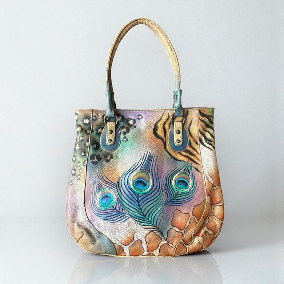Anuschka Peacock Safari Hand Painted and Signed Leather Large Tote Bag - Picture 1 of 15